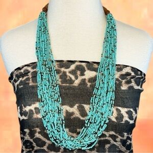 INDONESIAN Turquoise‎ Bronze Seed Bead Boho Necklace Wood Beads w/Clasp